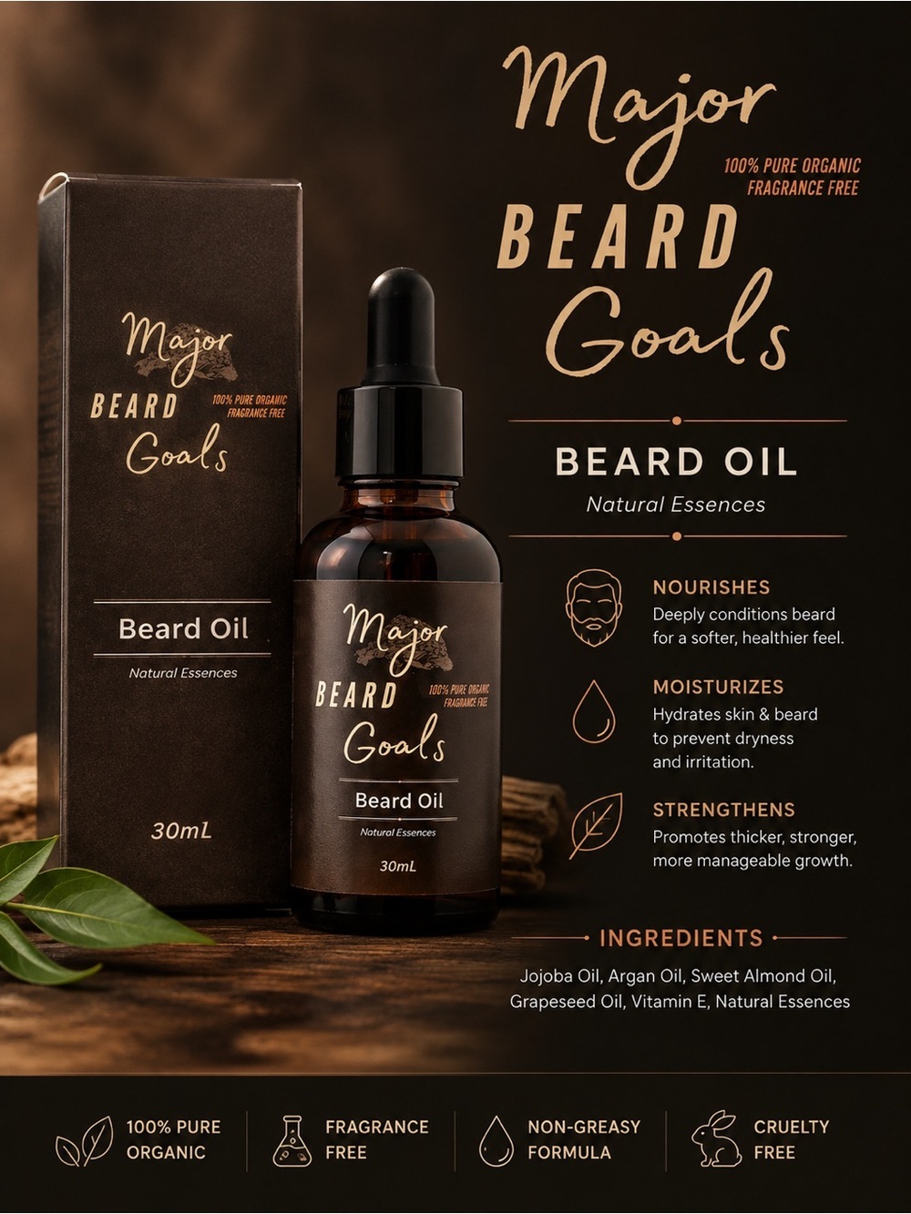 Beard Goals Beard Oil Brown NEW IN BOX - OS